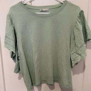 Zara Green Ruffled Short Sleeve Blouse
